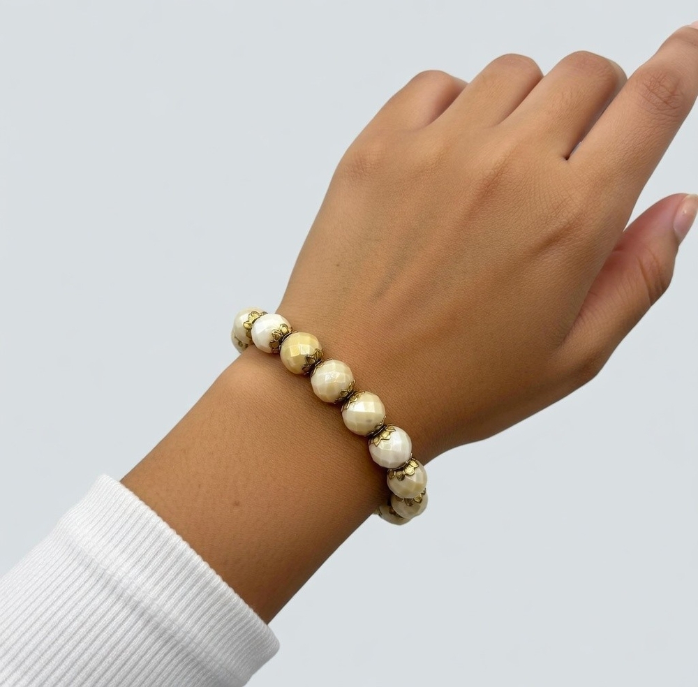 Gold Tone Faceted Champagne Crystal Beaded Elastic Bracelet Gift Pouch VG